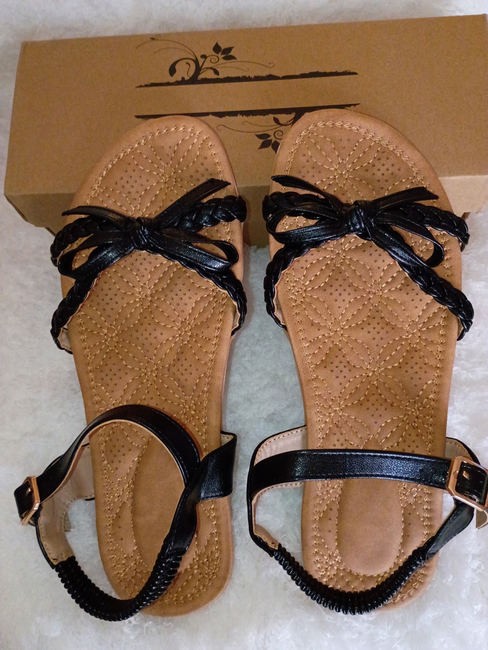 FUDYNMALC Women’s Black Bow Flat Sandals Size 8 | New With Box